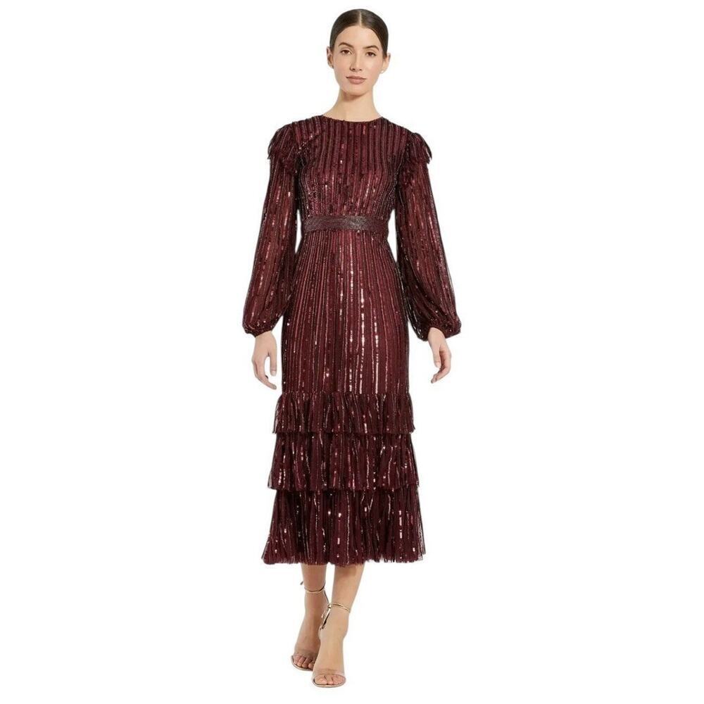 Mac Duggal 23003 Red Ruffle Sequin Midi Dress Size 16 $698